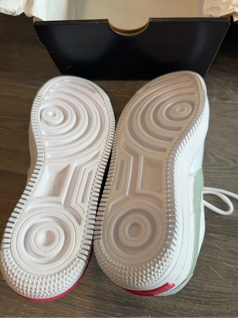 Nike Kids White Sneakers with Sage Green and Pink Accents